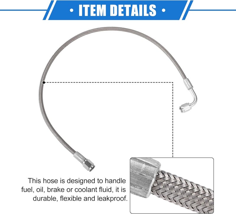 VekAuto AN3 Braided Steel Turbo Oil Feed Line 90 Degree to Straight Hose End, 21" Remote Turbocharger Oil Drain Return Line Universal for Car Durable Stainless Steel PTFE Silver Tone - Image 5